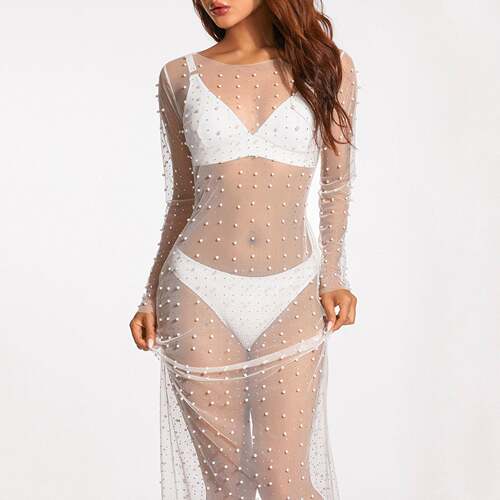Women Bikini Cover Long Sleeve Dress With Pearl Decoration