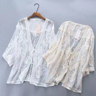 Women's Embroidery Sheer Tie Front Cover Up Outerwear,
