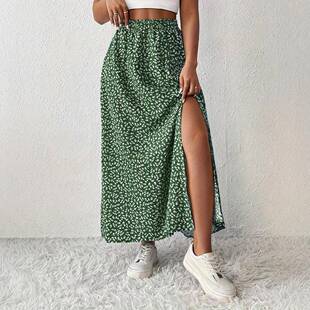 Women's Ditsy Floral Print Slit Hem Skirt, Casual Fashion Sk