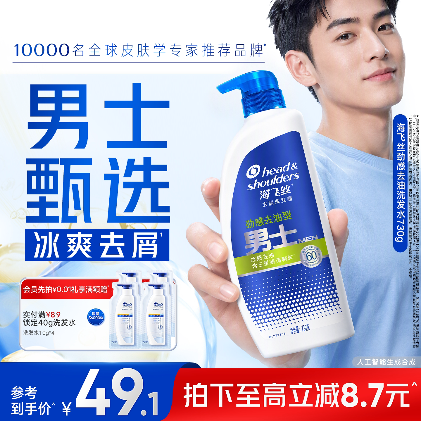海飞丝男士专用洗发水去屑洗头膏清爽去油洗发露膏730g官方正品