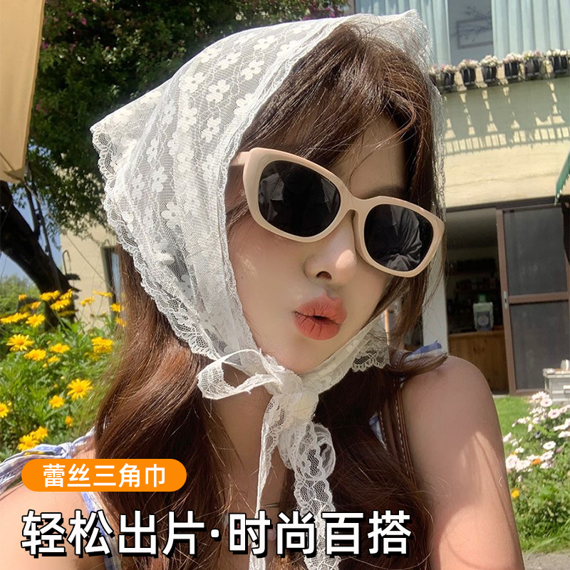 法式蕾丝三角头巾女白色飘带防晒丝巾田园风复古包头拍照三角巾