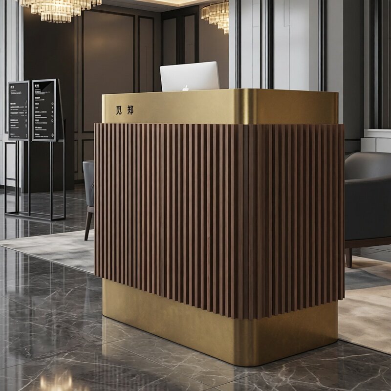 餐厅迎宾台中式轻奢公司前台木格栅不锈钢酒店收银台接待台桌定制