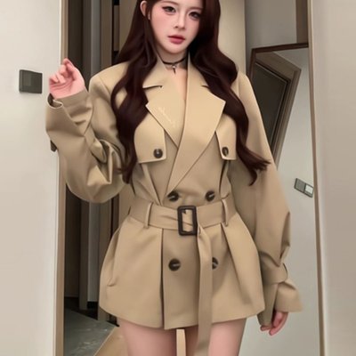 已出货 新款女装卡其色英伦风小个子收腰短款大衣潮
