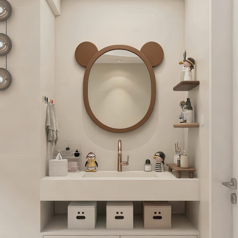 卡通可爱生肖鼠造型装饰镜创意设计感化妆镜可壁挂木质椭圆浴室镜