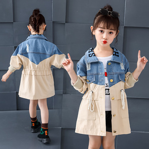 韩系女童牛仔外套2024新款中长款风衣中大儿童装小女孩春装学生上