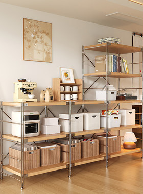 客厅家用日式中古置物架落地多层收纳架厨房阳台储物小货架原木色