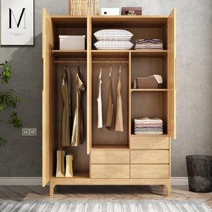 北欧实木衣柜小户型对开门储物衣柜现代简约三门带抽屉衣柜