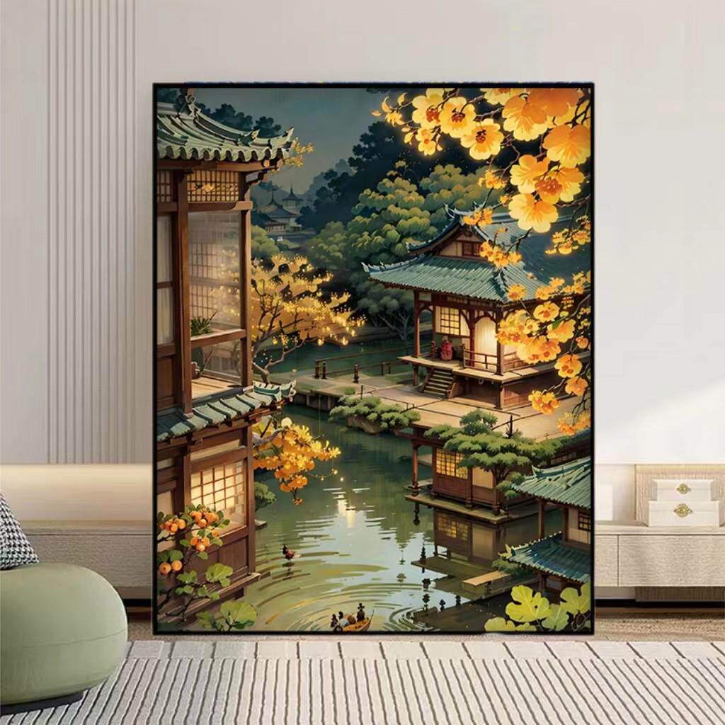 古韵楼阁手工填充涂色古风建筑国风装饰丙烯油彩挂画