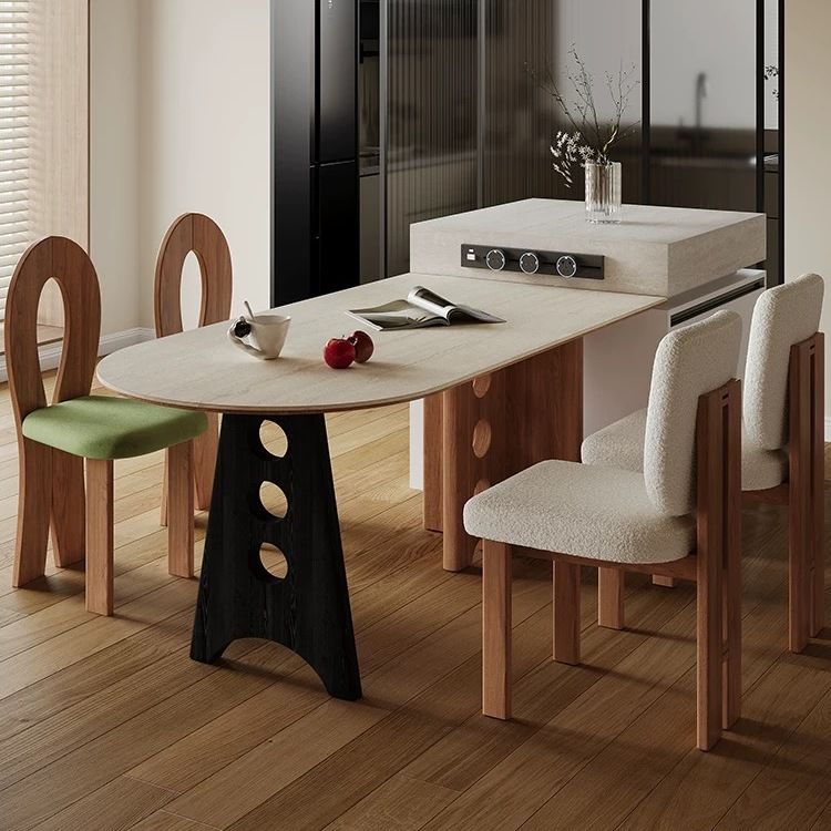 中古风餐桌现代小户型家用法式洞石岩板客厅靠墙实木餐桌椅组合