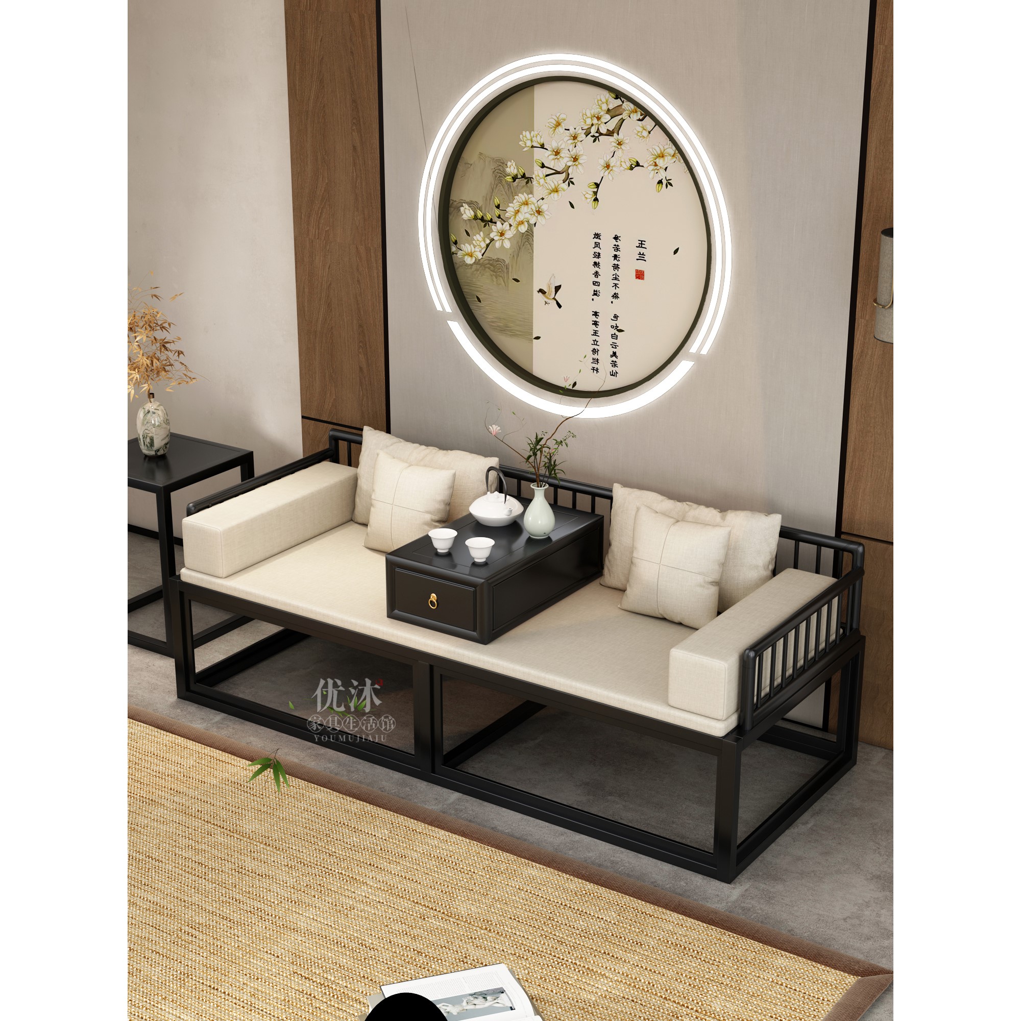 新中式实木罗汉床全实木推拉沙发床小户型床榻罗汉床椅茶桌椅组合