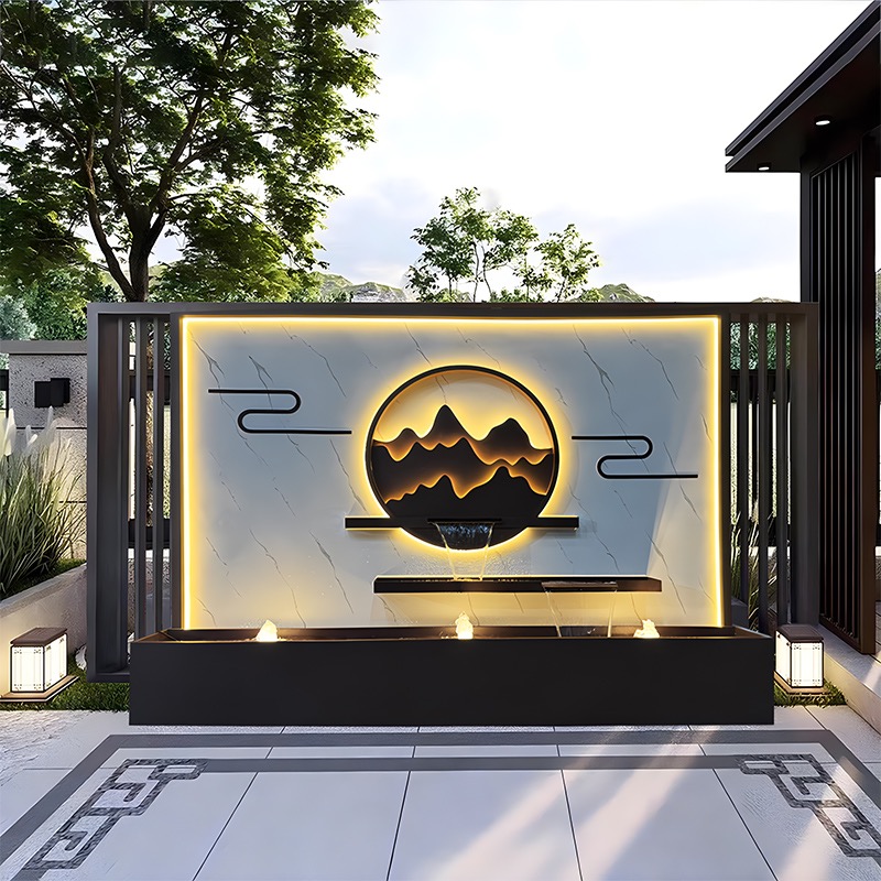 定制不锈钢背景墙别墅园林假山流水影壁墙户外花园水幕墙隔断屏风