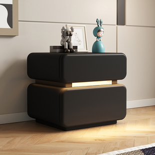 床头柜奶油风简约现代实木床头收纳柜卧室轻奢带灯高级感床头柜子