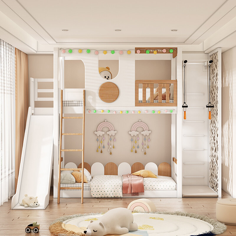 实木儿童双层上下铺男孩同宽高低子母公主床小户型树屋滑梯床