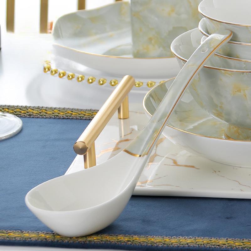 大号描金骨瓷勺子陶瓷汤勺汤匙调羹家用长柄大马戈勺汤锅配套勺子
