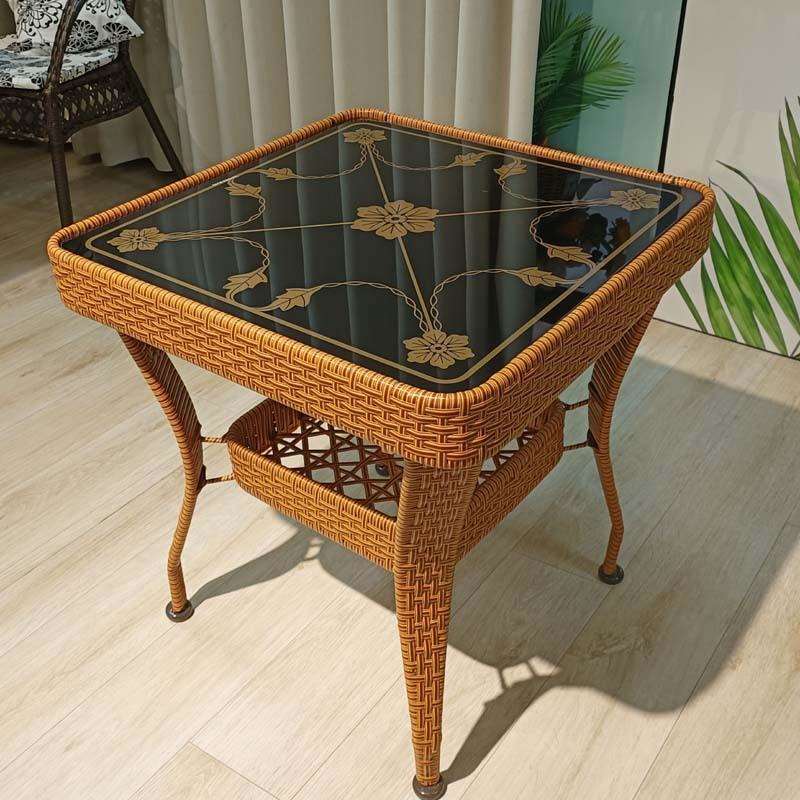 J^藤编小方桌阳台小茶几迷你喝茶桌卧室边几储物小桌子钢化玻璃茶
