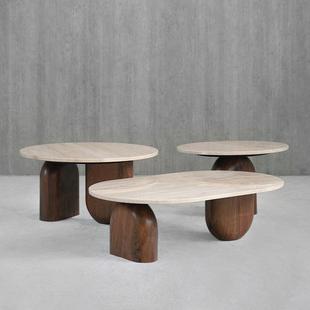 天然黄洞石茶几艺术大理石实木创意茶几组合椭圆形圆形北欧诧寂风