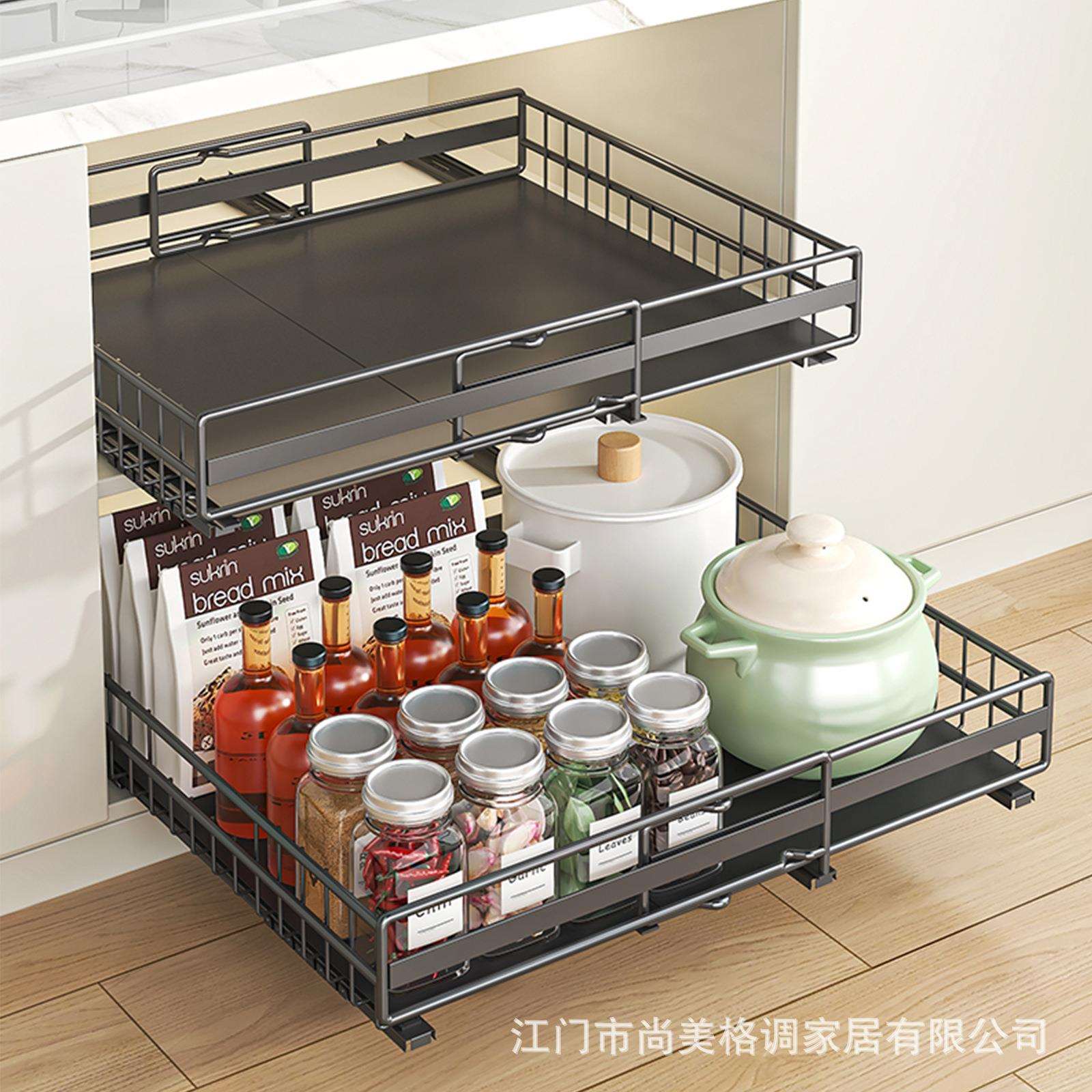 厨房可伸缩收纳架免打孔抽屉式锅具调料碗碟拉篮下水槽抽拉置物架