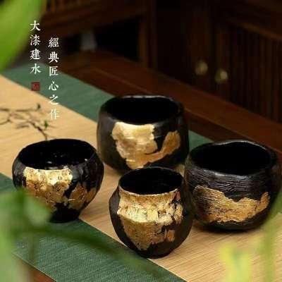 天然大漆建水茶道漆器茶具手工金箔大号笔洗水盂茶洗茶道茶渣缸