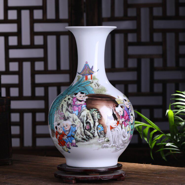 陶瓷花瓶摆件釉上彩赏瓶司马光砸缸简约复古工艺品花插博古架装饰