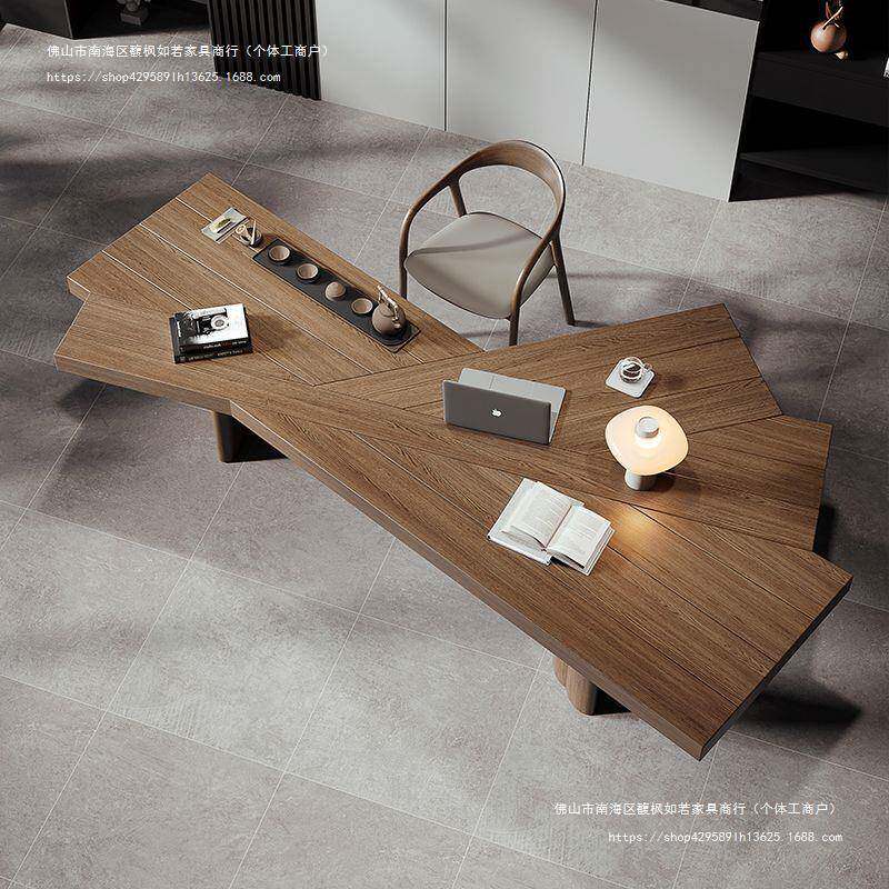 实木办公桌椅组合简约商务极简老板桌书桌电脑桌茶桌一体两用实用