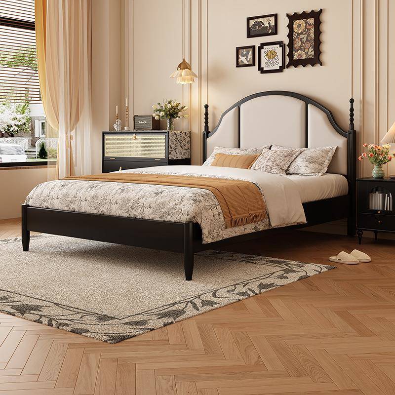 法式复古床中古黑色极简1.8米美式轻奢床实木双人床主卧床软包床