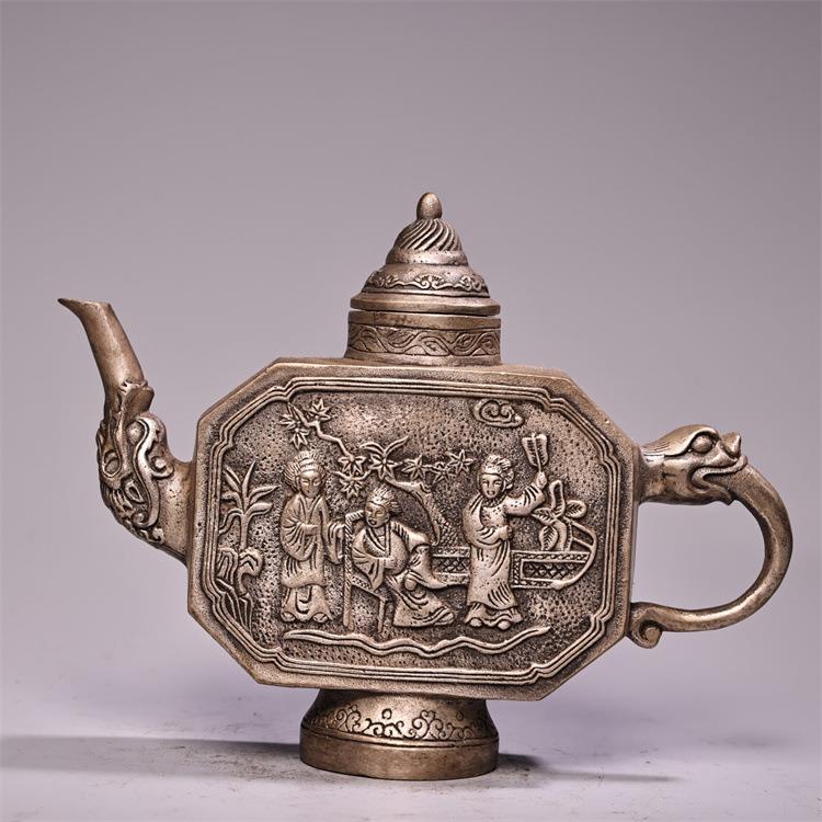 古玩铜壶古风摆件人物图大观园浮雕铜壶铜茶壶高浮雕鎏银酒壶