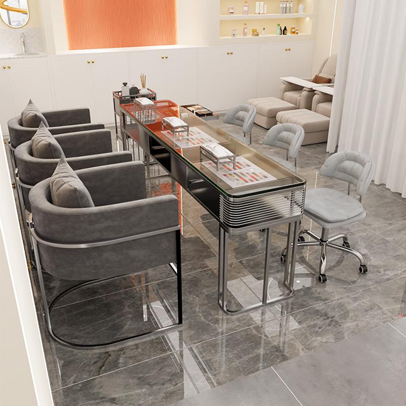 #轻奢美甲桌椅套装单双三人美甲台全套玻璃网红大理石修甲桌双层