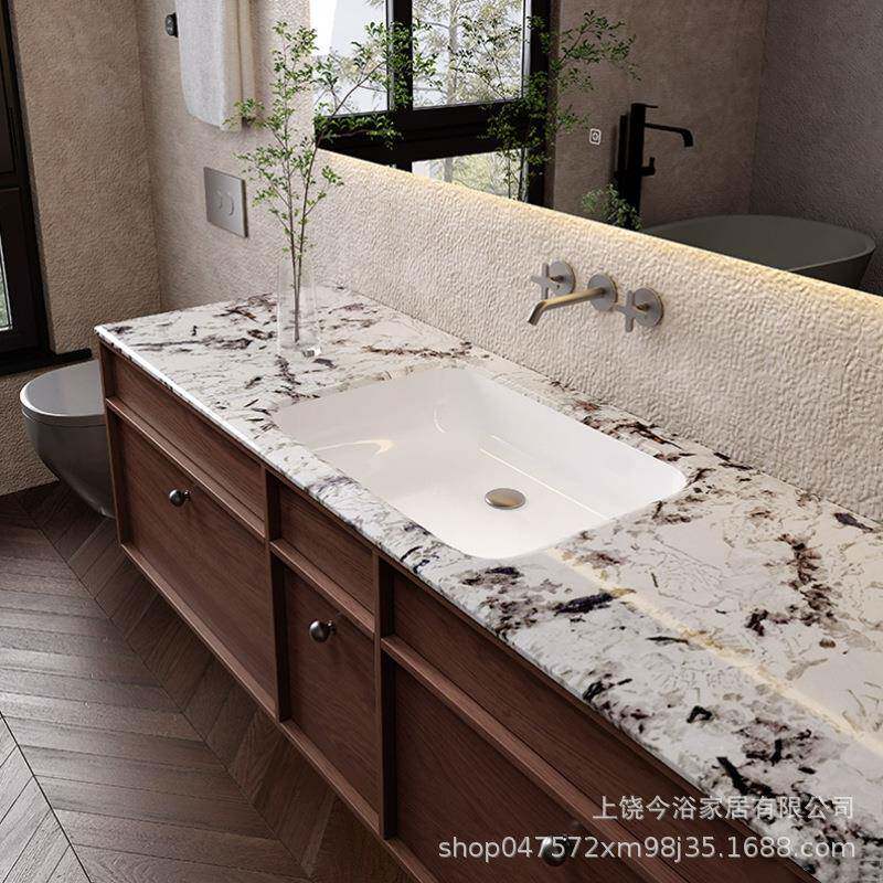 中古风天然大理石奢石陶瓷一体盆浴室柜组合卫生间洗手洗脸洗漱台