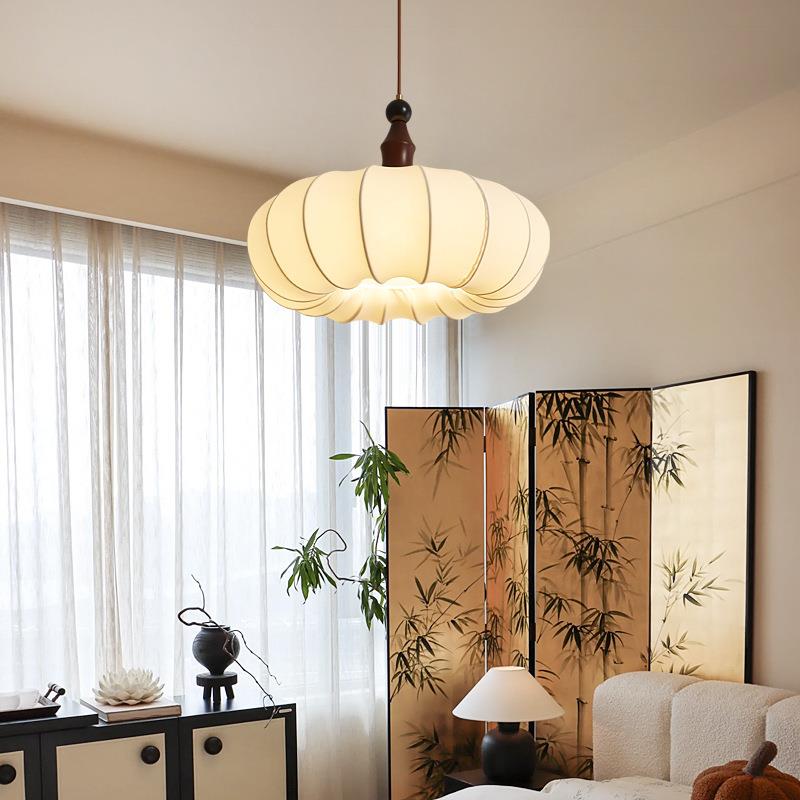 创意法式奶油风卧室吊灯南洋风艺术布艺餐厅灯中古复古南瓜小吊灯