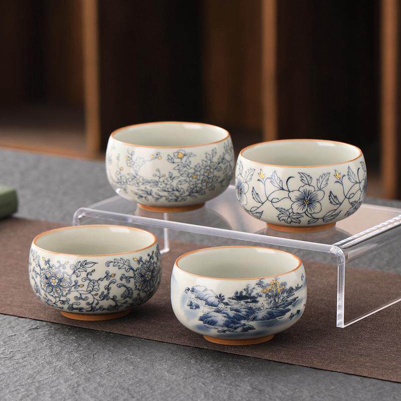 米黄汝窑青花缠枝莲主人杯