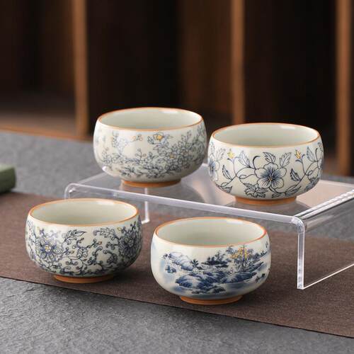 米黄汝窑青花缠枝莲主人杯