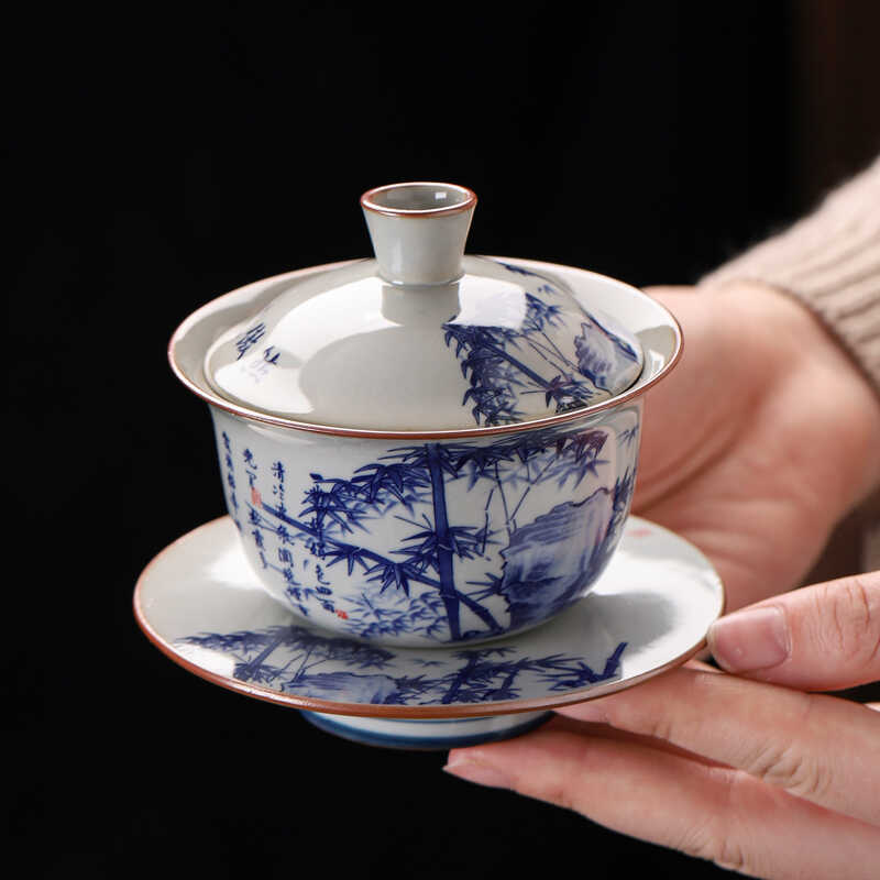 仿古老陶泥青花三才盖碗茶杯茶具