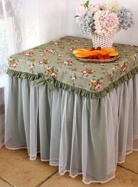绿色碎花蕾丝田园布艺烤火炉罩电视柜罩茶几餐桌台布方桌布麻将罩