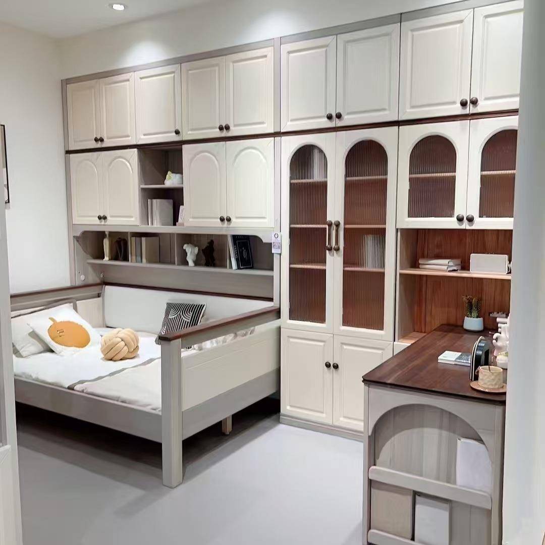 奶油风儿童纯实木衣柜功能床书柜床书架床多功能组合床上床下桌柜