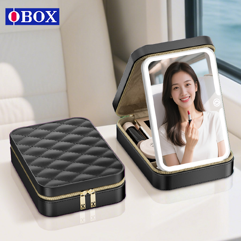 OBOX带镜化妆收纳盒通勤桌面随身便携补妆口红化妆刷气垫分区收纳