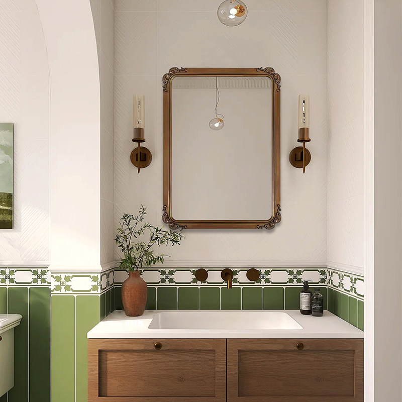方形复古雕花壁挂化妆镜欧式洗手间智能浴室镜餐厅背景墙装饰镜子