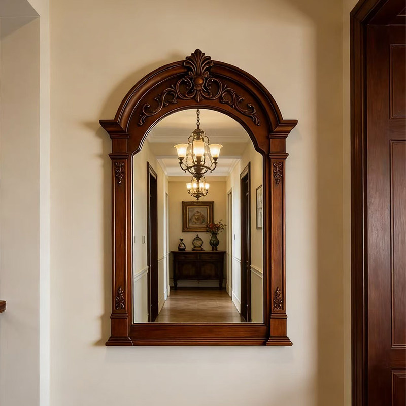 美式复古雕花智能发光浴室镜卧室古典壁挂化妆镜客厅玄关装饰镜子