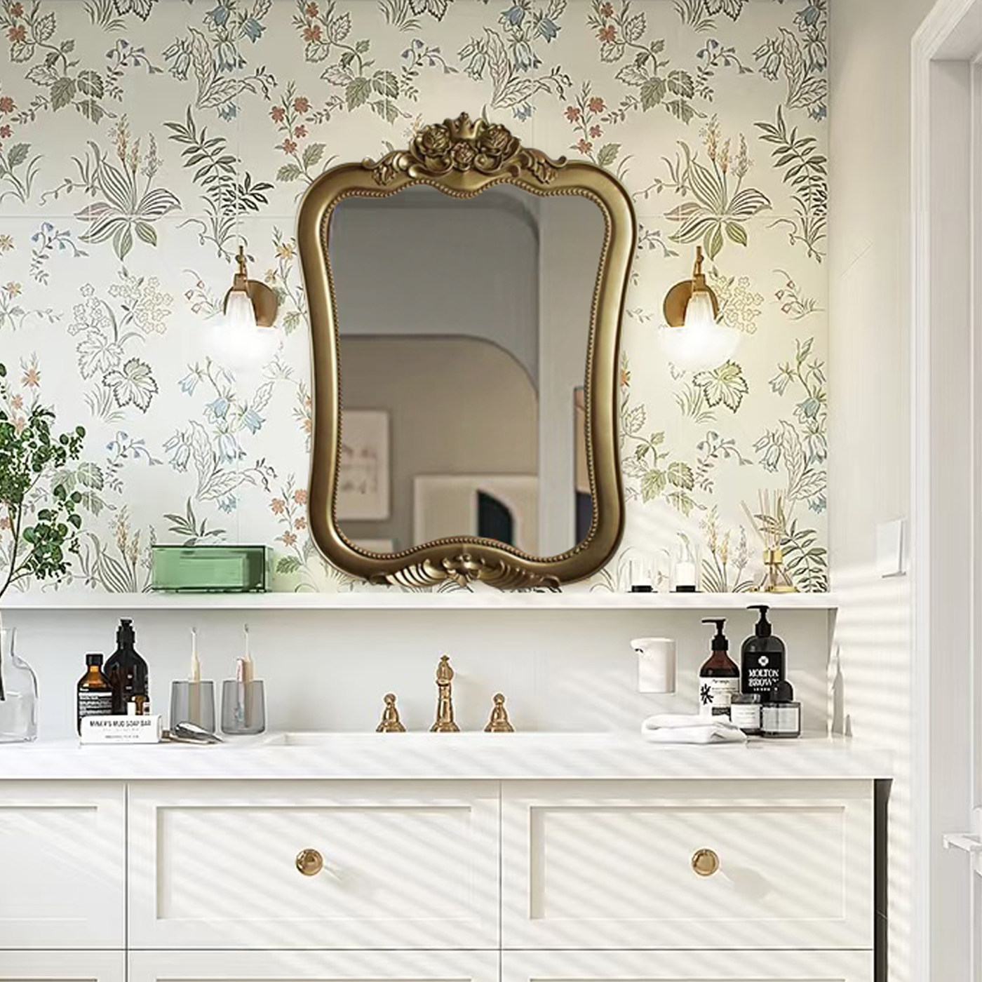 欧式复古卫浴镜子美式壁挂卫生间化妆镜墙面雕花轻奢梳妆装饰灯镜