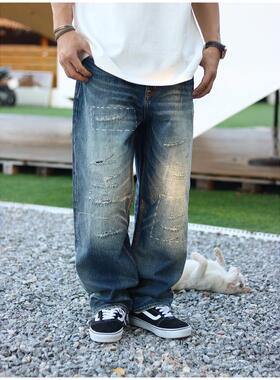 GETY 磨破手绘针缝猫须赤耳牛仔裤男士日系复古14OZ重工水洗宽松