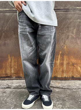 GETY黑灰色垮牛全棉赤耳丹宁宽松微锥14OZ水洗简约男士牛仔裤硬挺