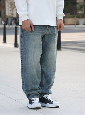 GETY赤耳丹宁石磨水洗浅蓝阔腿微锥男士牛仔裤男复古简约14盎司