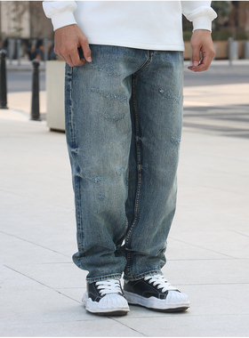 GETY 磨破赤耳丹宁宽松14OZ重工吊磨洗水牛仔裤男士复古破坏微锥
