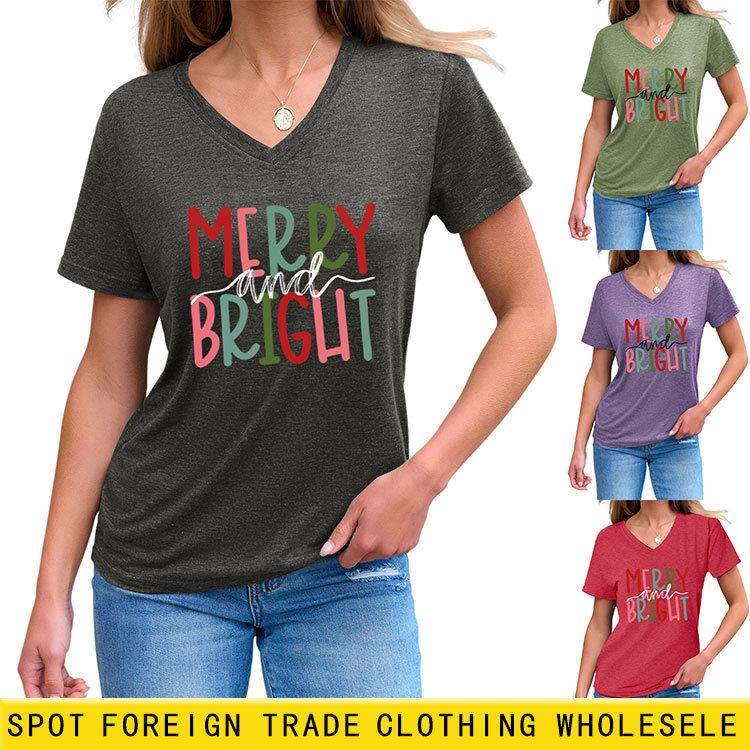Women's "Merry and Bright" Letter Print Round Neck Tee, Top