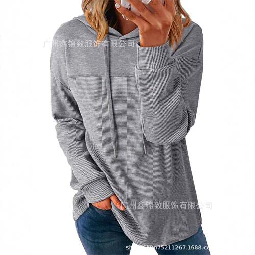 Women's Knitted Waffle Hoodie Casual Colorblock Hooded Top