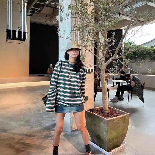 Women's Striped Long Sleeve Round Neck Loose Fit T-Shirt,