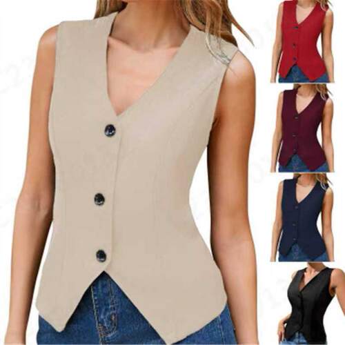 Women's Casual Sleeveless Button Front Vest, Plain Color