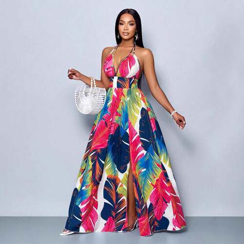 Plus Size Feather Print Cami Dress