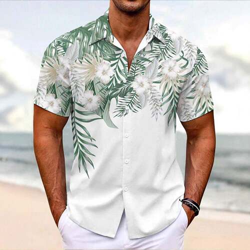 Men Floral Print Sleeve Shirt Casual Rolled Regular Button
