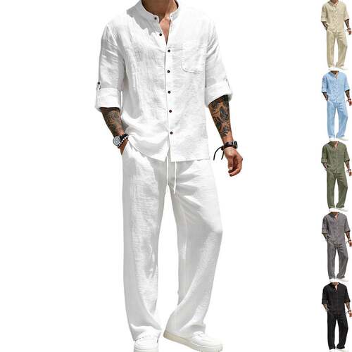 Men Linen Plain Stand Collar Sleeve Button Shirt Straight