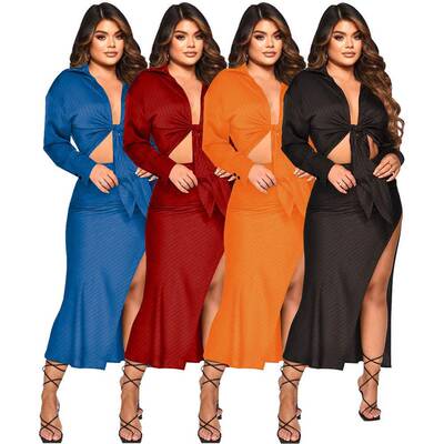 Women Cut Out Sleeve Fitted Crop Shirt Slit Skirt Two Set